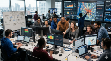 Editorial Command Center Editorial staff coordinating coverage from a newsroom command center
