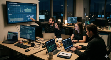 On Call Collaboration On call engineers collaborating during a traffic spike