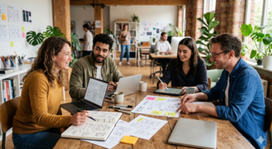 Agency Collaboration Table Agency team collaborating at a table with project artifacts