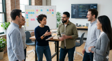 Design Studio Standup Design studio standup discussing speed optimization tasks