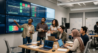 Engineering team reviewing release readiness in a war room