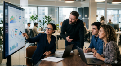 Product and engineering team reviewing dashboard performance